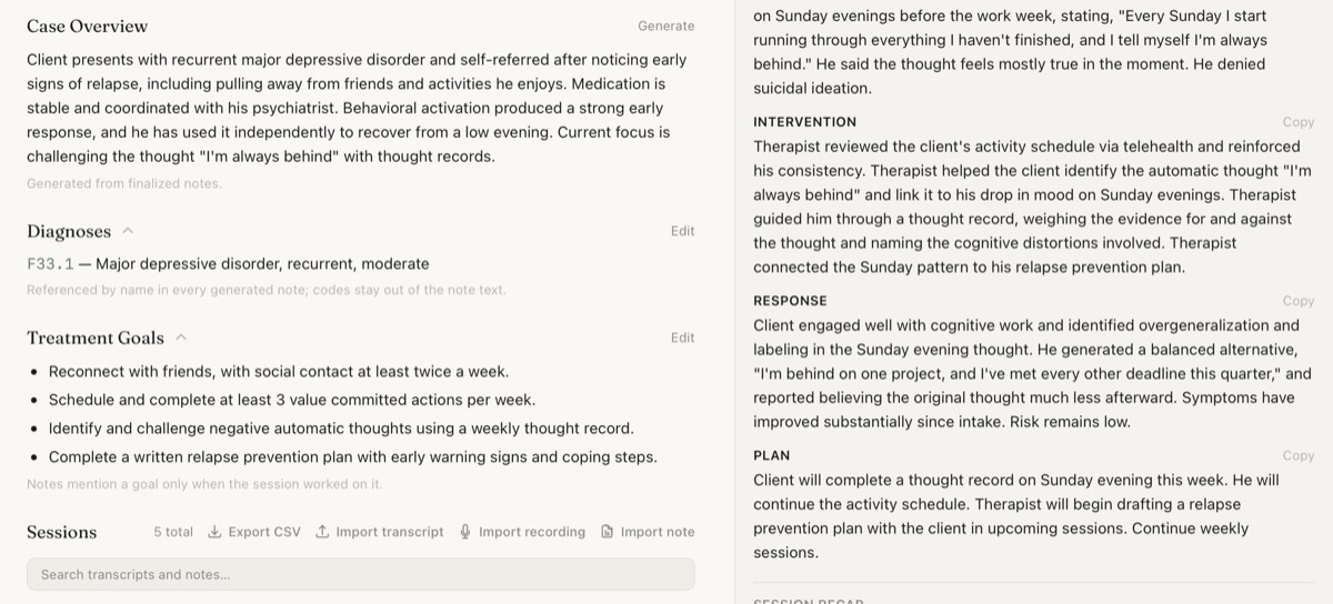 A client's treatment goals listed beside a BIRP progress note in the Confidant app